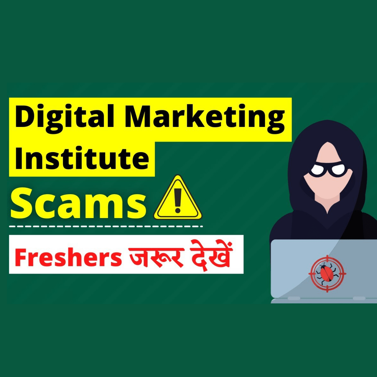 green background, man, laptop, alert board, digital institute scams, logo